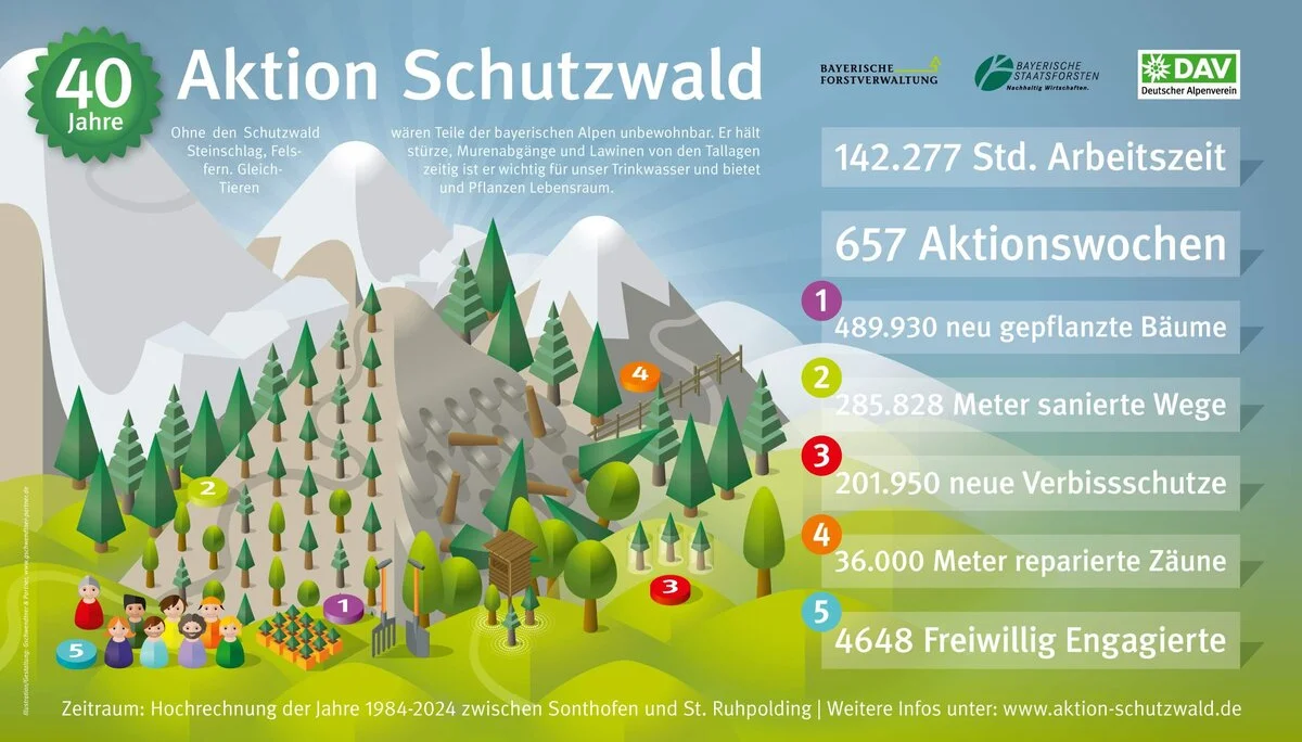 Was die Teilnehmenden in 40 Jahren Aktion Schutzwald geschafft haben, ist beeindruckend. Grafik: DAV | © DAV